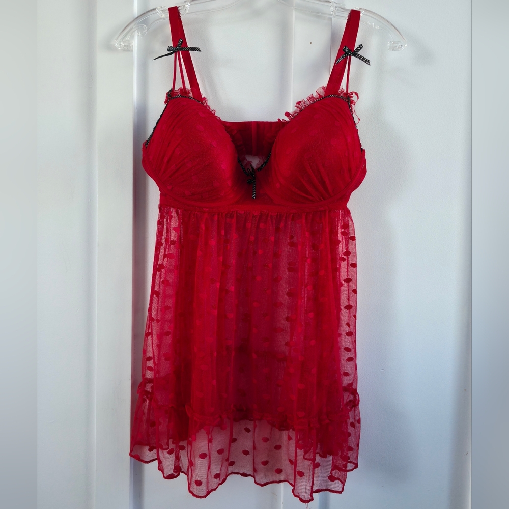 Red Sheer Babydoll Lingerie, Retro polka Dot Nighties, Size XL/1X